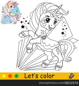 Cartoon cute romantic unicorn on abstract background. Kids coloring book page. Unicorn character. Black and white vector isolated illustration with colorful template. For coloring, print, game, design. Cartoon romantic unicorn kids coloring book page vector