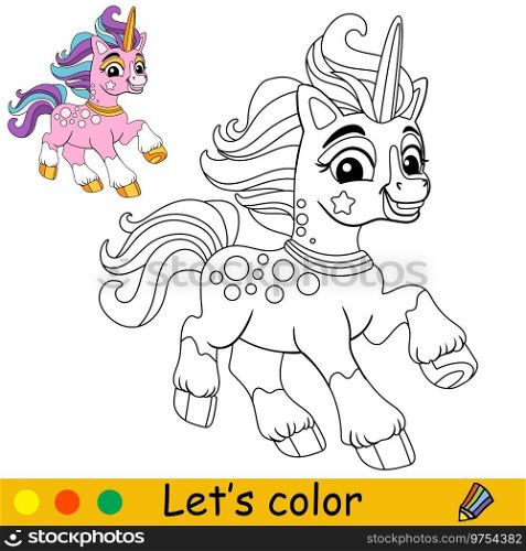 Cartoon cute running pink unicorn. Kids coloring book page. Unicorn character. Black outline on white background. Vector isolated illustration with colorful template. For coloring, print, game, design. Cartoon cute running pink unicorn kids coloring book page