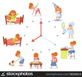 Cartoon cute school girl daily routine activities. Child exercising, going to school. Kids hygiene and everyday schedule vector illustration. Big clock with habits and cheerful female character. Cartoon cute school girl daily routine activities. Child exercising, going to school. Kids hygiene and everyday schedule vector illustration
