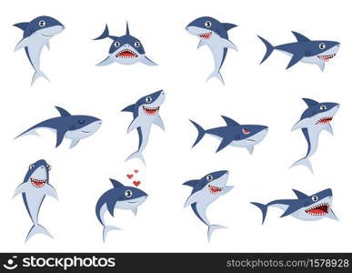 Cartoon cute sharks. Underwater characters with different emotions, happy, sad and surprised, smile, funny and angry ocean swimming fish cheerful mascot stickers, comic animal flat vector wildlife set. Cartoon cute sharks. Underwater characters with different emotions, happy, sad and surprised, smile, funny and angry ocean fish mascot stickers, comic animal flat vector wildlife set