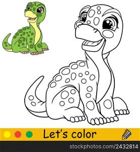Cartoon cute sitting dinosaur brontosaurus. Coloring book page with colorful template for kids. Vector isolated illustration. For coloring book, print, game, party, design. Cartoon cute dinosaur brontosaurus coloring book page vector