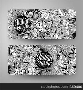 Cartoon cute sketchy vector hand drawn doodles italian food corporate identity. 2 horizontal line art banners design. Templates set. Cartoon hand-drawn doodles italian food banners