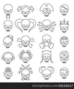 Cartoon cute skull linear icon set. Cartoon cute skull linear icon set. Vector line skulls signs, death face with bones
