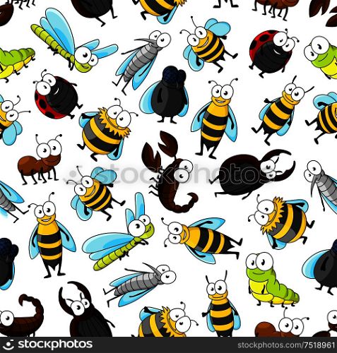 Cartoon cute smiling bugs and insects. Funny kid seamless wallpaper with colorful vector characters of bumblebee, bee, mosquito, caterpillar, ladybug, dragonfly, ladybird, stag beetle, wasp, fly, ant. Cartoon cute bugs and insects seamless wallpaper