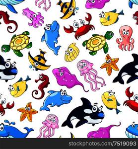 Cartoon cute smiling sea and ocean fishes seamless background. Funny kid wallpaper with colorful characters of whale, dolphin, clown fish, starfish, jellyfish, crab, octopus, squid, shell, flounder, turtle. Cartoon cute sea animals. Funny kids wallpaper