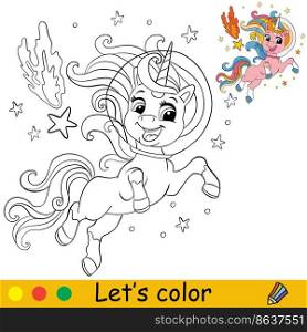 Cartoon cute space unicorn character with comet and stars. Coloring book page with colorful template for kids. Vector isolated illustration. For coloring book, print, game, party, design. Cartoon space unicorn with comet coloring book page vector