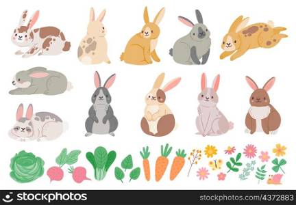 Cartoon cute spring rabbits, hares, flowers and vegetables. Bunny character jumping, sitting and sleeping. Brown and white rabbit vector set. Illustration of holiday hare, animal traditional easter. Cartoon cute spring rabbits, hares, flowers and vegetables. Bunny character jumping, sitting and sleeping. Brown and white rabbit vector set