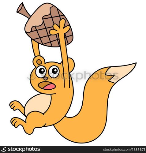 cartoon cute squirrel carrying walnuts, doodle icon image. cartoon caharacter cute doodle draw