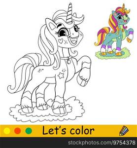 Cartoon cute standing green unicorn. Kids coloring book page. Unicorn character. Black outline on white background. Vector isolated illustration with colorful template. For coloring, print, game. Cartoon cute standing green unicorn kids coloring book page