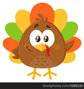 Cartoon Cute Thanksgiving Turkey Bird Waving. Flat Vector Illustration Isolated On White Background