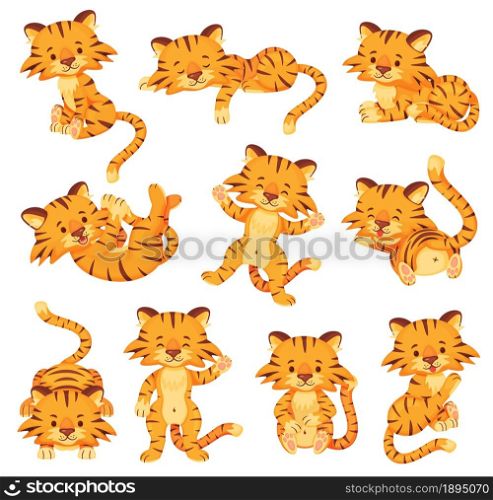 Cartoon cute tigers, happy little tiger cubs. Adorable baby tiger sleeping or playing, wild cats animal characters in various poses vector set. Jungle wildlife feline isolated on white. Cartoon cute tigers, happy little tiger cubs. Adorable baby tiger sleeping or playing, wild cats animal characters in various poses vector set