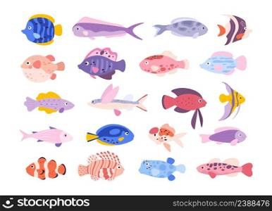 Cartoon cute tropical ocean exotic aquarium fishes. Goldfishes, tetra, barb, angelfish and lionfish. Small freshwater fish pets vector set. Underwater bright animals isolated on white. Cartoon cute tropical ocean exotic aquarium fishes. Goldfishes, tetra, barb, angelfish and lionfish. Small freshwater fish pets vector set