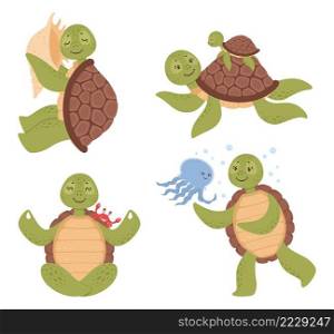 Cartoon cute turtle in different positions. Funny character listening to seashell, doing yoga or meditating in lotus pose with crab. Parent with little kid. Tortoise playing with jellyfish vector set. Cartoon cute turtle in different positions. Funny character listening to seashell, doing yoga or meditating