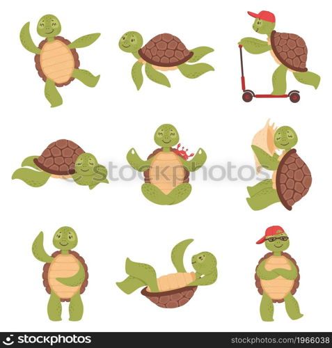 Cartoon cute turtles, funny tortoise characters. Happy little turtle swimming, sleeping or doing yoga, sea aquatics animal vector set. Cheerful character riding scooter, wearing cap