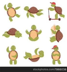 Cartoon cute turtles, funny tortoise characters. Happy little turtle swimming, sleeping or doing yoga, sea aquatics animal vector set. Cheerful character riding scooter, wearing cap