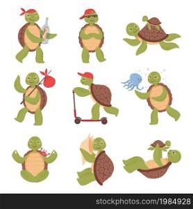 Cartoon cute turtles, funny turtle characters. Happy tortoise in various poses, swimming or doing yoga, friendly aquatic animal vector set. Character having message in bottle, parent with child