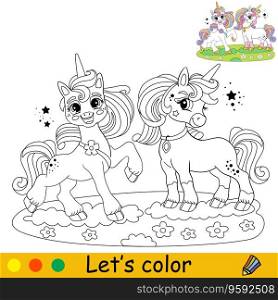 Cartoon cute two unicorn friends in a blooming meadow. Coloring book page. Unicorn character. Black, white vector isolated illustration with colorful template for kids. For coloring book, print,design. Cartoon unicorn jumping on the rainbow coloring vector