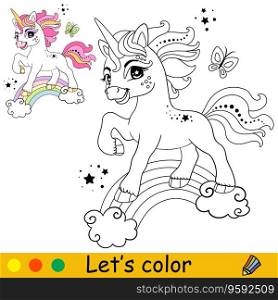 Cartoon cute unicorn jumping on the rainbow. Coloring book page. Unicorn character. Black and white vector isolated illustration with colorful template for kids. For coloring book, print, game, design. Cartoon unicorn jumping on the rainbow coloring vector