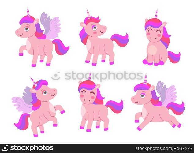 Cartoon cute unicorn set. Vector illustrations of magic adorable pink animal with wings and horn, flying sweet fairy horse characters isolated on white. Fantasy, fairytale for baby girls concept. Cartoon cute unicorn set