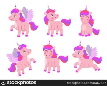 Cartoon cute unicorn set. Vector illustrations of magic adorable pink animal with wings and horn, flying sweet fairy horse characters isolated on white. Fantasy, fairytale for baby girls concept. Cartoon cute unicorn set