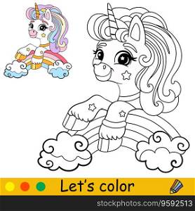 Cartoon cute unicorn sitting on the rainbow. Coloring book page. Unicorn character. Black and white vector isolated illustration with colorful template for kids. For coloring book, print, game, design. Cartoon unicorn sitting on the rainbow coloring vector