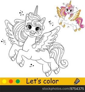 Cartoon cute unicorn with wings. Kids coloring book page. Unicorn character. Black outline on white background. Vector isolated illustration with colorful template. For coloring, print, game, design. Cartoon cute the happiest unicorn with wings kids coloring