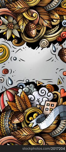 Cartoon cute vector colorful hand drawn doodles Fall season background. Autumn banner design.. Cartoon cute colorful hand drawn doodles Fall season banner