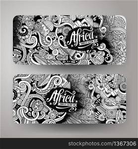 Cartoon cute vector hand drawn doodles Africa corporate identity. 2 horizontal banners design. Templates set. Cartoon cute vector doodles Africa banners