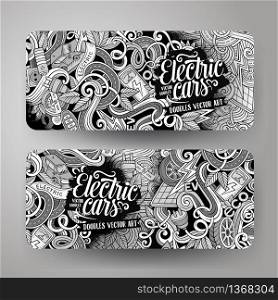 Cartoon cute vector hand drawn doodles electric cars corporate identity. 2 horizontal banners design. Templates set. Cartoon doodles electric cars banners