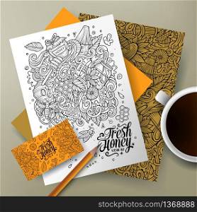 Cartoon cute vector hand drawn doodles Honey corporate identity set. Templates design of business card, flyers, posters, papers on the table.. Cartoon vector doodles Honey corporate identity set