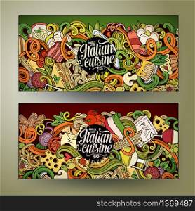 Cartoon cute vector hand drawn doodles italian food corporate identity. 2 horizontal line art banners design. Templates set. Cartoon hand-drawn doodles italian food banners
