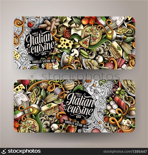 Cartoon cute vector hand drawn doodles italian food corporate identity. 2 horizontal banners design. Templates set. Cartoon hand-drawn doodles italian food banners