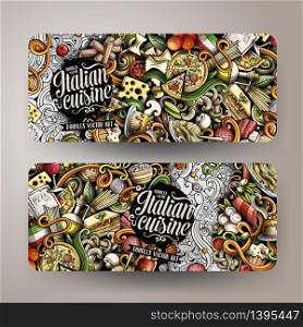 Cartoon cute vector hand drawn doodles italian food corporate identity. 2 horizontal banners design. Templates set. Cartoon hand-drawn doodles italian food banners