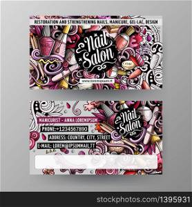 Cartoon cute vector hand drawn doodles Nail salon corporate identity. 2 identity cards template design. Cartoon cute vector doodles Nail salon identity cards template