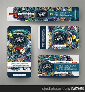 Cartoon cute vector hand drawn doodles space corporate identity set. Templates design of banners, id cards, flyer. Cartoon cute line art doodles space corporate identity set