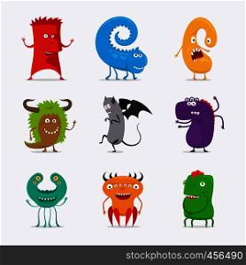 Cartoon cute vector monsters. Different colour funny monsters icons on white background. Vector illustration. Cartoon cute vector monsters