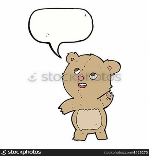 cartoon cute waving teddy bear with speech bubble