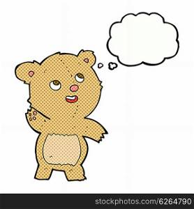 cartoon cute waving teddy bear with thought bubble