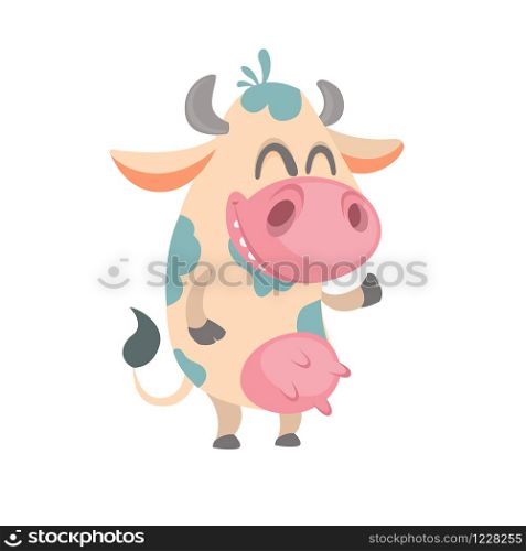 Cartoon cute white spotted cow standing and laughing. Vector illustration of a cow icon mascot isolated on white. Great for print, banner or children book