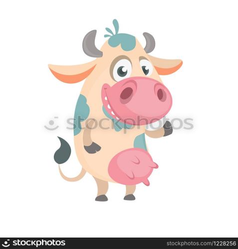 Cartoon cute white spotted cow standing and smiling. Vector illustration of a cow icon mascot isolated on white. Great for print, banner or children book