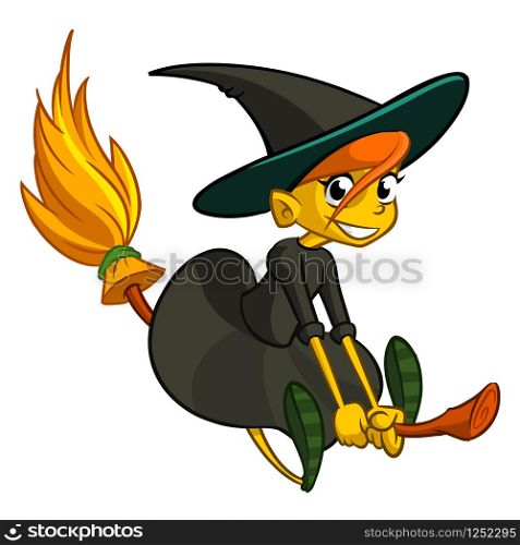 Cartoon cute witch flying on her broom. Vector illustration