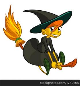Cartoon cute witch flying on her broom. Vector illustration