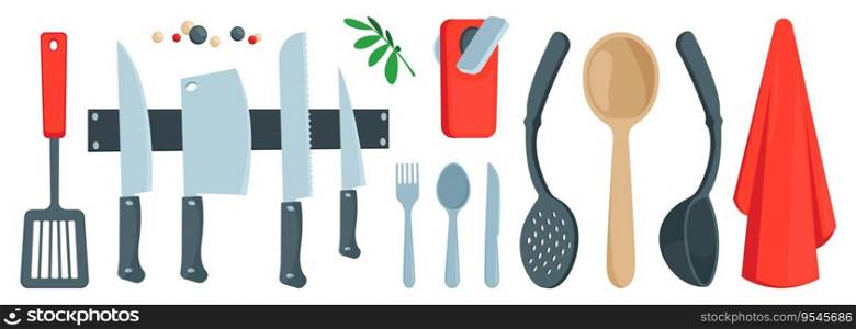 Cartoon cutlery set. Kitchen utensils spoon fork knife ladle strainer spatula, spatula with hole, flat cooking tools. Vector isolated set of utensil kitchenware illustration. Cartoon cutlery set. Kitchen utensils spoon fork knife ladle strainer spatula, spatula with hole, flat cooking tools. Vector isolated set