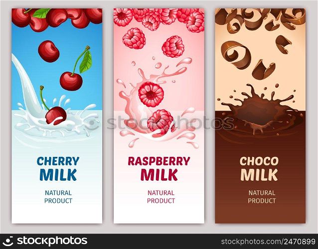 Cartoon dairy products vertical banners with cherry raspberry and chocolate shavings falling into milk splashes vector illustration. Cartoon Dairy Products Vertical Banners