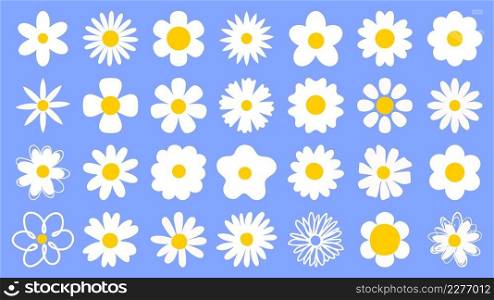 Cartoon daisy logo designs, chamomile flower icons. Flat spring floral elements. Blossom flowers with white petals. Doodle daisy vector set of cartoon spring decoration illustration. Cartoon daisy logo designs, chamomile flower icons. Flat spring floral elements. Blossom flowers with white petals. Doodle daisy vector set