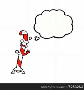 cartoon dancing christmas candy cane with thought bubble