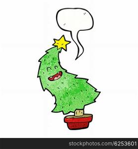 cartoon dancing christmas tree with speech bubble