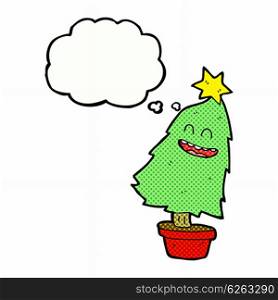 cartoon dancing christmas tree with thought bubble