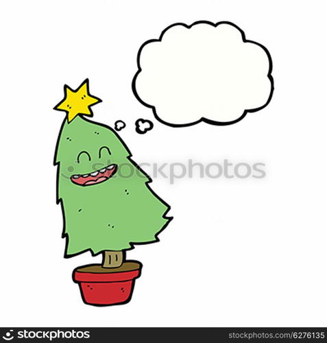 cartoon dancing christmas tree with thought bubble