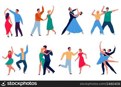 Cartoon dancing couples. Different dancers performing, happy persons in stage outfits, funny cartoon characters, men and women, waltz and tango, modern choreography and ballet, vector isolated set. Cartoon dancing couples. Different dancers performing, happy persons in stage outfits, funny cartoon characters, men and women, waltz and tango, modern choreography and ballet vector set
